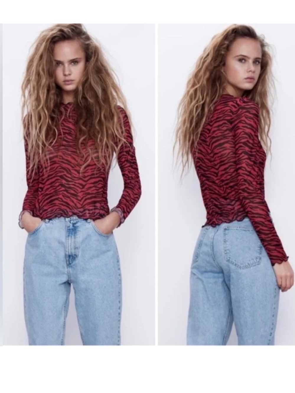 ZARA ZEBRA PRINT SHEER LONG SLEEVE TOP BLOUSE RED BLACK
